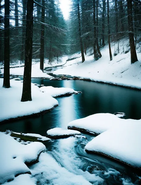 snowy stream in the woods with trees and snow on the ground