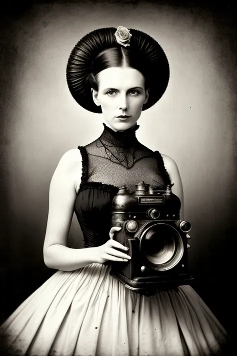 barnum-silver 1 woman victorian lady photomodel presenting retrofuturistic design concept vintage scifi (1 photo camera), rusty,...