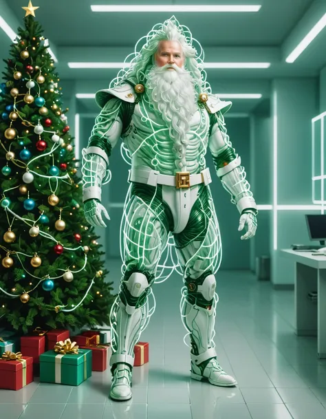 an ai santa overlord adorned in a streamlined white jumpsuit with minimalistic light strips and anti-gravity boots.