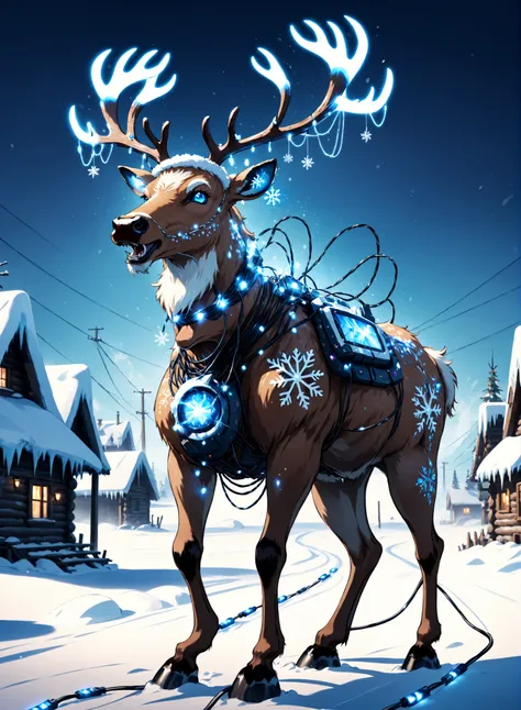 a psychotic cyborg raging reindeer covered in christmas lights in the middle of the frozen siberian tundra, blue flames,electric...