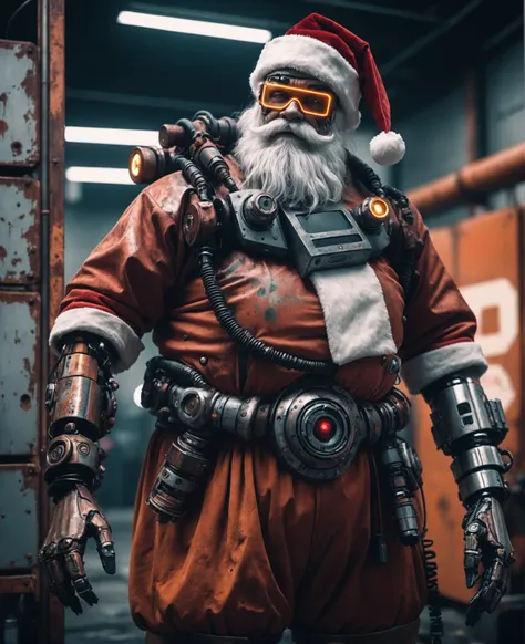 cyborg santa, cyberpunk, rust, epic, fujichrome provia 100f, f/8, rtx, photolab