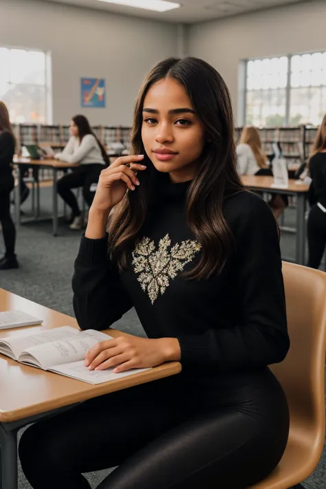 (cinematic shot:1.4)(packed college library:1.4) (the 21 year old college girl perky boobs:1.4) trualitycampus_sunny  (brunette ...