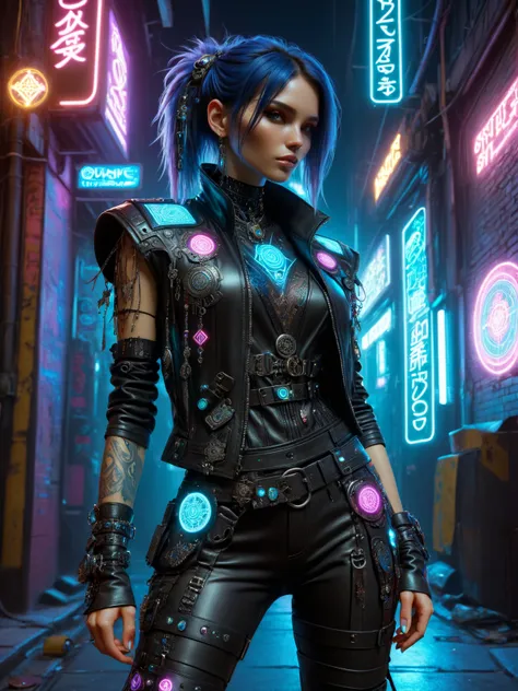 woman, cyberpunk, streetmage, vest with ornaments, leather pants, scrap with magic pattern,  hologram, neon light, cyberpunk all...