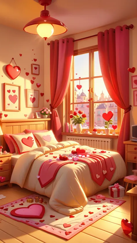 cartoon style,<lora:valentines day date_XSE_GAME_V1:0.8>,valentines day date,the warm sunshine,empty bedroom,