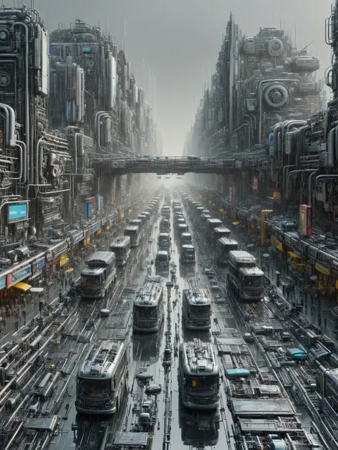 ais-mechdystopia busy avenue, with floating transports and bright signs, pedestrians moving in sync, rain creating reflective po...