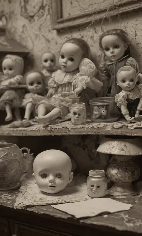 old haunted dollhouse, tiny ghastly figures, rooms filled with dust and cobwebs::2.1, chipped paint, eerie doll faces, style of ...