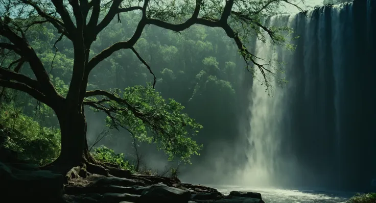 cinematic film still of  <lora:ron fricke style:1>
a tree with a waterfall in the background,outdoors,tree,no humans,sunlight,na...