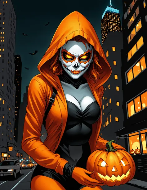 hallows eve, ((solo, solo focus)), glowing eyes, hood, 1girl, glowing, colored skin, yellow eyes, parted lips, hood up, white sk...