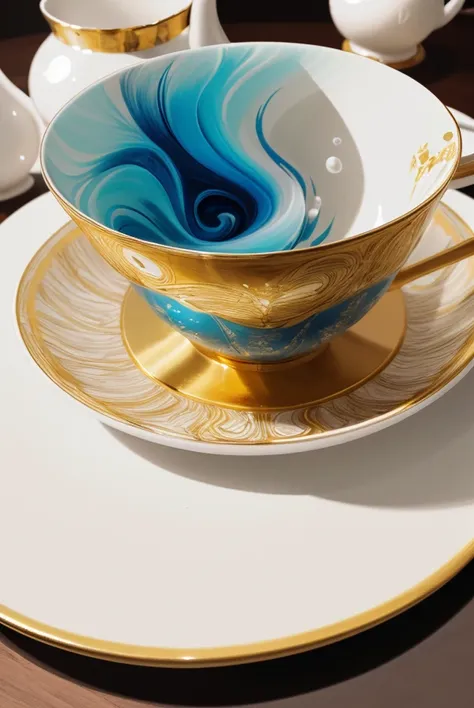 the tea cup on table, inside swirl splashes waves,  close-up, masterpeace, fluid, flora,, muted colors, pearl, gold, luxurious, ...