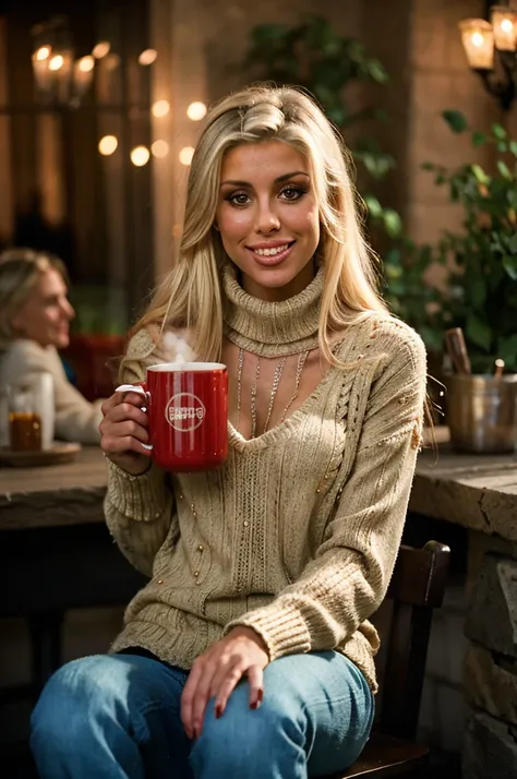 tv_heather_rae_young_tv, ,  , wearing a cozy knitted sweater, sitting in a café, holding a steaming mug with both hands, happy e...