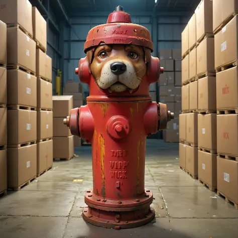 mapl3r1dg3h1drant fire hydrant, rusty, warehouse full of boxes, indoor lighting, light shafts, high quality, dynamic range, cine...