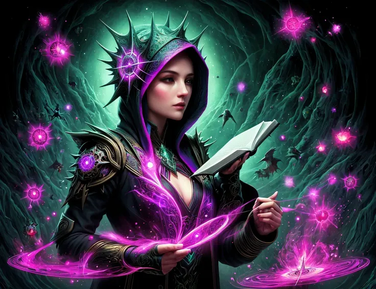 masterpiece illustration, detailed, hires, octane rendering, donmv1r4l  female psychic, data hijackers,thaumaturge, spellbook  <...