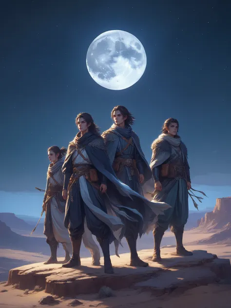 freshideas,five adventurers overlooking a desert at night,moon is glowing bight with a sky full of stars,