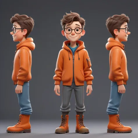 freshideas cartoon three views: the boy wearing glasses,wearing boots,coat,jacket,freckles on the face,wearing an orange jacket ...