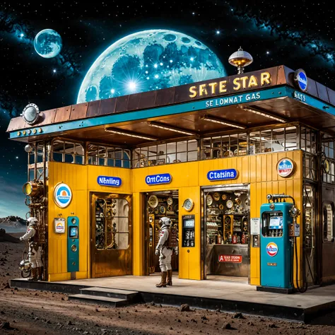 <lora:storefront_xl:0.5>,storefront,(a steampunk gas station on the moon:1.5),decoration of mechanical steel,cosmic sky,science ...