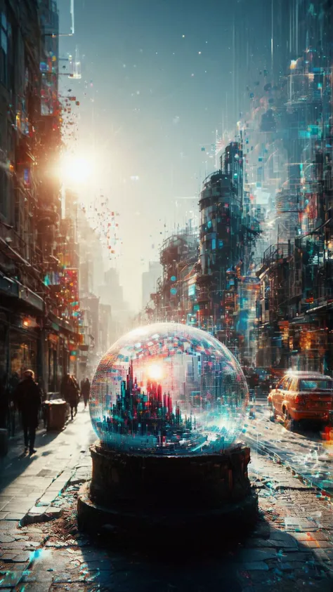 snowglobe with a, a group of steelworks, each with a distinctive design and intricate designs, line a bustling city street. the ...