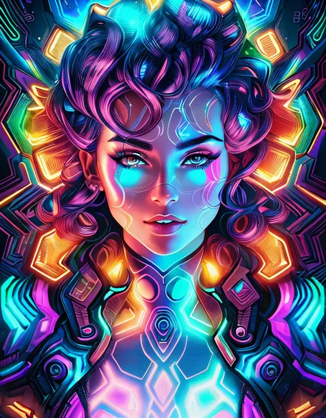 holographic woman made of iridescent light, highly detailed, professional illustration, bold linework, bright saturated colors, ...