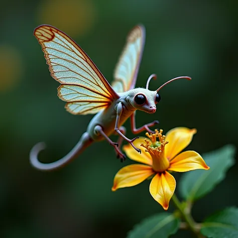 closeup of a hybrid hummingbird creature, hovering in the air above a flower. side view. large iridescent wings with fractal pat...