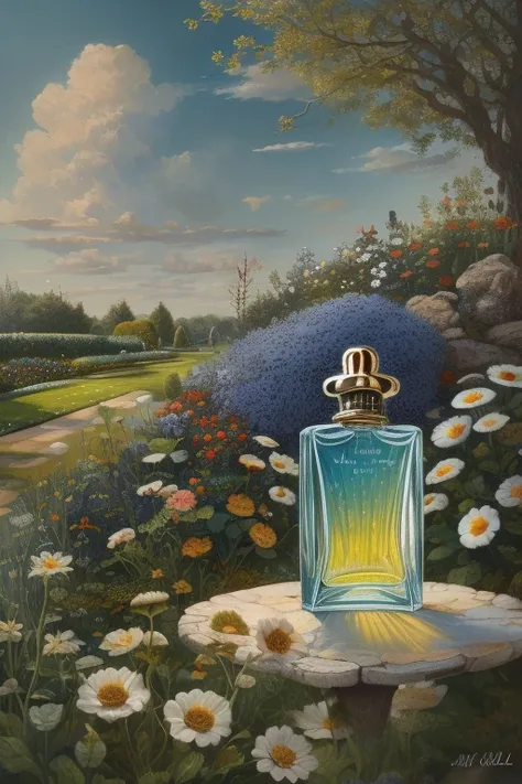 masterpiece,best quality,<lora:tbh432-:0.8>,illustration,style of jim hansel
 a bottle of perfume in garden