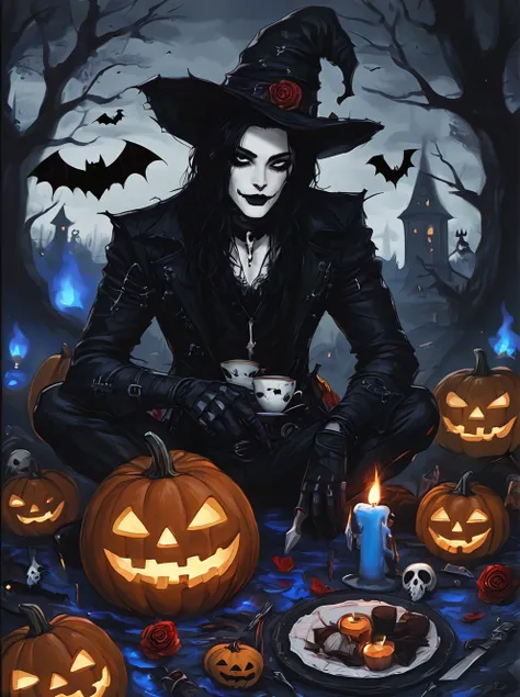 ,shengdanjie,jack-o-lantern,bat (animal),black hair,knife,hat,pumpkin,solo,1boy,skull,halloween,rose,gothic,cup,tree,candle,food...