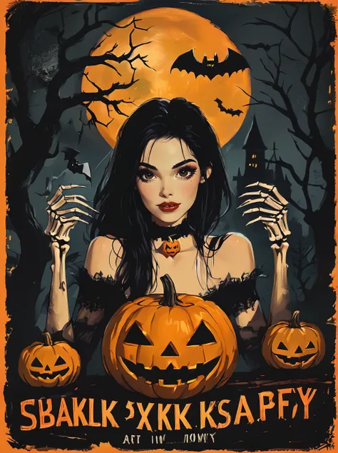 ,shengdanjie,1girl,bat (animal),solo,black hair,jack-o-lantern,long hair,pumpkin,halloween,looking at viewer,(Halloween poster w...