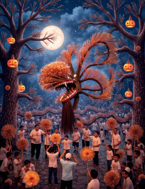 a vibrant and enchanting illustration of a fire dragon dance during a halloween celebration. the scene is set in a moonlit clear...