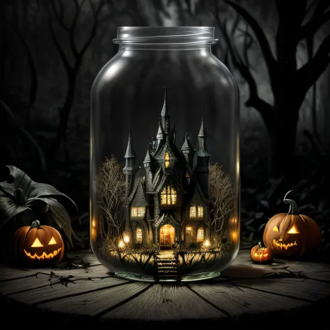 masterpiece, intricate photo, enchanted swamp, haunted house in a glass bottle, magic forrest, gothic style, vampire style, dark...