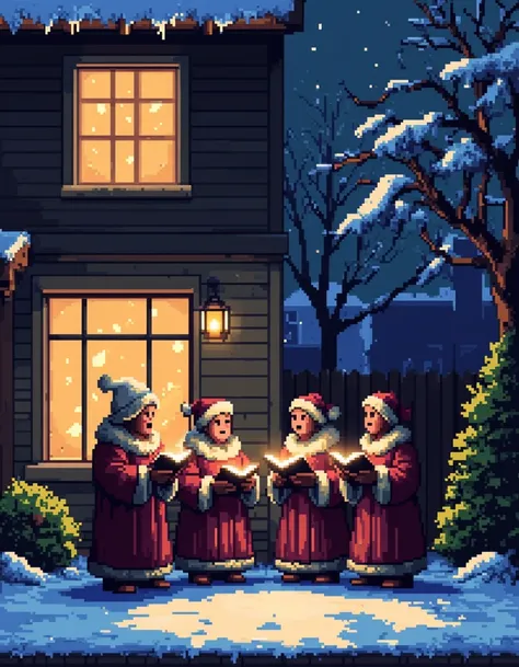 a pixel art illustration of a group of carollers singing outside of a house. a warm glow coming from inside the house.<lora:gene...