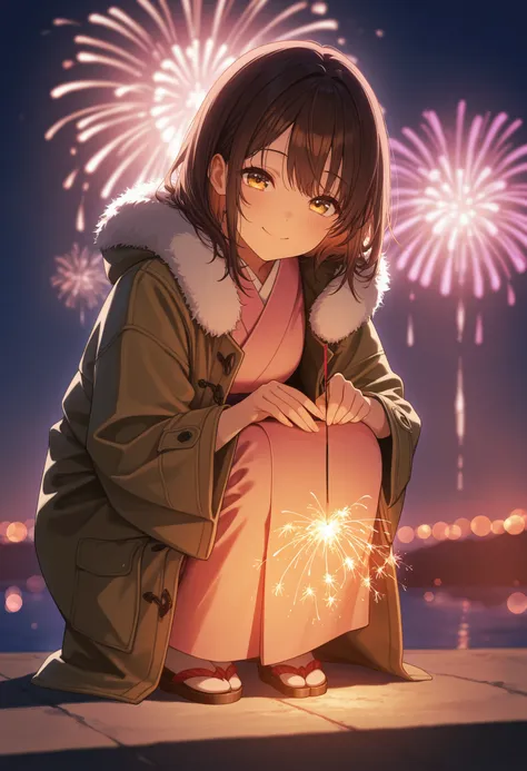 masterpiece, best quality, absurdres, safe
1girl, senkou hanabi, holding fireworks, sparkler, squatting, smile, night, aerial fi...