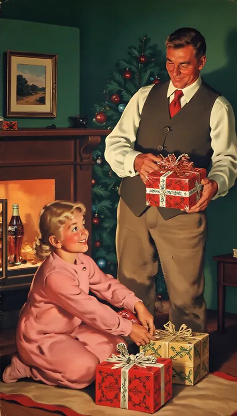 retrocoke_style, a family opening up christmas presents on christmas day <lora:1950_coke_ads_style_flux:1>