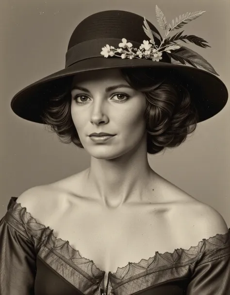 daguerreotype festive portrait wearing a large fancy ornate hat with feathers and leaves <lora:jaclyn-smith-charlie-s-angels-flu...