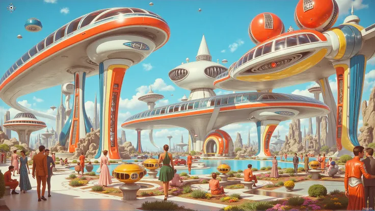 retro50s_style, a vast retrofuturistic city built on giant floating platforms, connected by transparent tubes, flying cars and m...