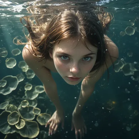 underwater alice, 1girl, subsurface, high quality close up dslr snapshot of a woman submerged, high definition film grain photo ...