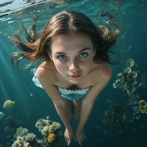 underwater alice, subsurface, high quality close up dslr snapshot of a woman submerged, high definition film grain photo taken a...