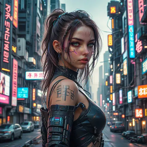 beautiful girl in a cyberpunk city