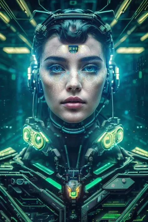 a woman in futuristic clothing with glowing eyes and headphones