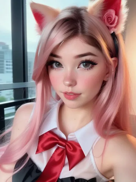 a close up of a woman with pink hair wearing a cat ears and a red bow