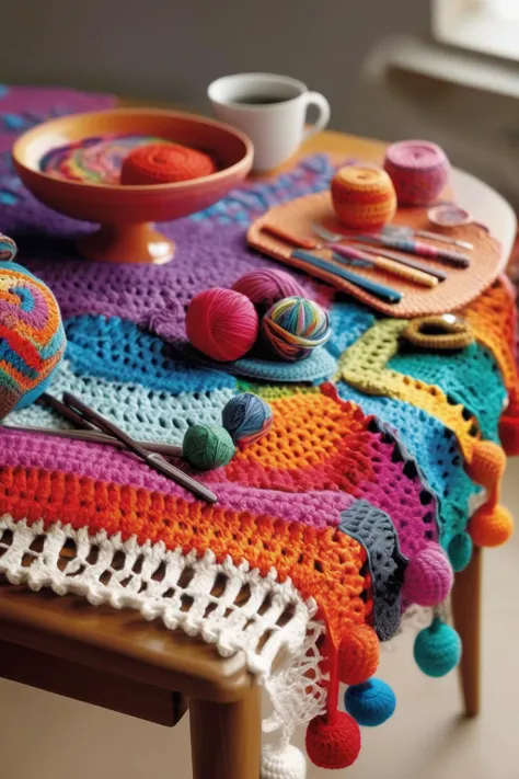 a close up of a table with a crocheted table cloth and a bowl of yarn