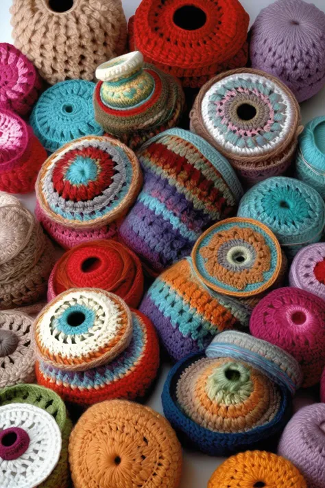 a close up of a pile of crocheted yarn balls