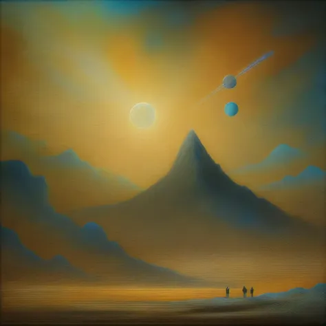 painting of a distant landscape with a distant mountain and three planets