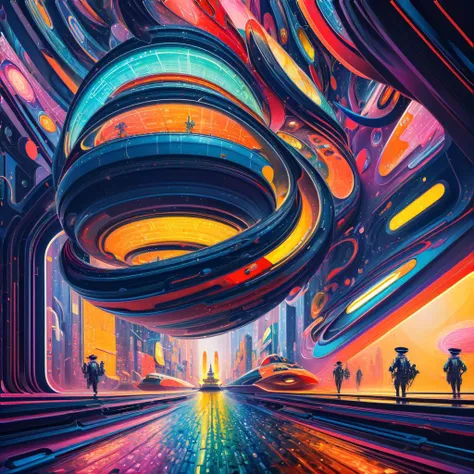 a painting of a futuristic city with a futuristic train station