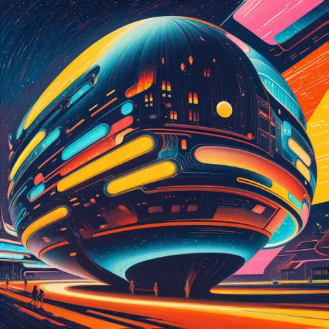 a painting of a futuristic city with a giant sphere in the middle