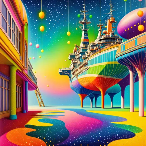 a painting of a colorful city with a ship and a rainbow colored sky