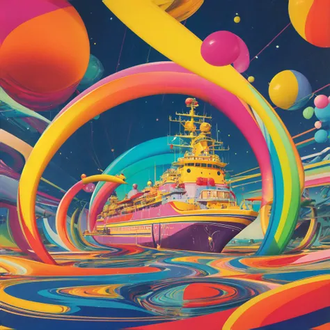 a painting of a ship surrounded by colorful balloons and a rainbow swirl