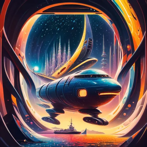 a poster of a futuristic spaceship flying through a tunnel