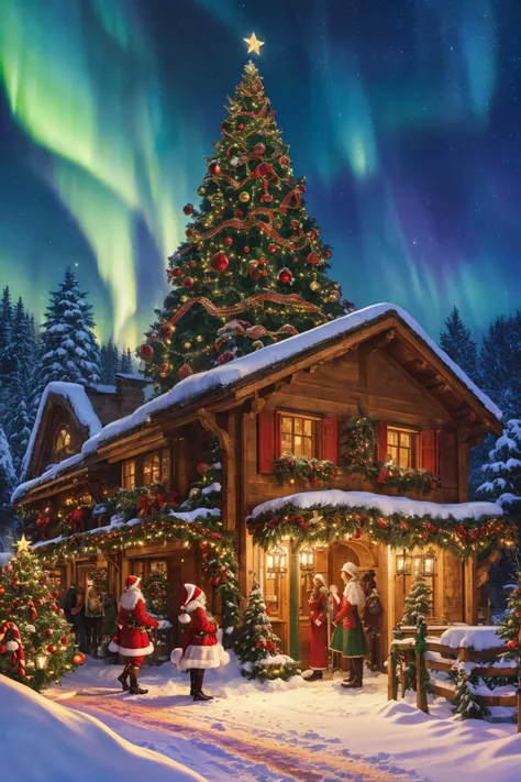 christmas scene with santa and his family in front of a cabin