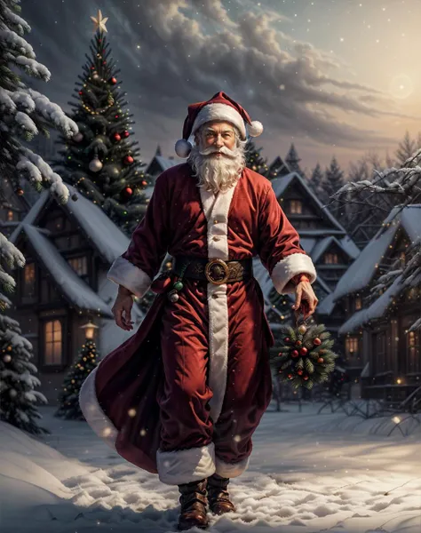 santa claus walking through the snow with a christmas tree in the background