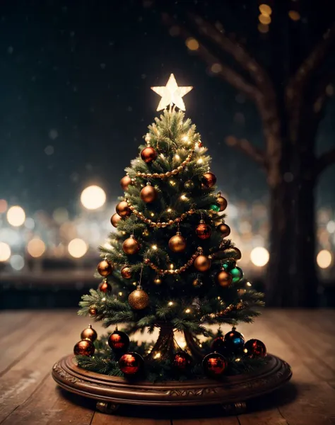 a close up of a christmas tree with ornaments on a wooden table