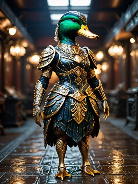 a close up of a duck dressed in armor standing on a tiled floor