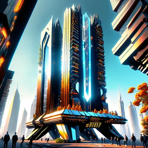 a group of people walking around a futuristic city with tall buildings